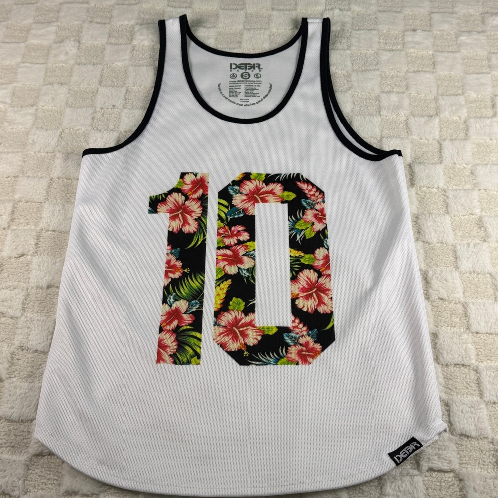 Deter Mens White Mesh Jersey Tank Top Floral 10 Graphic Tropical Summer Small